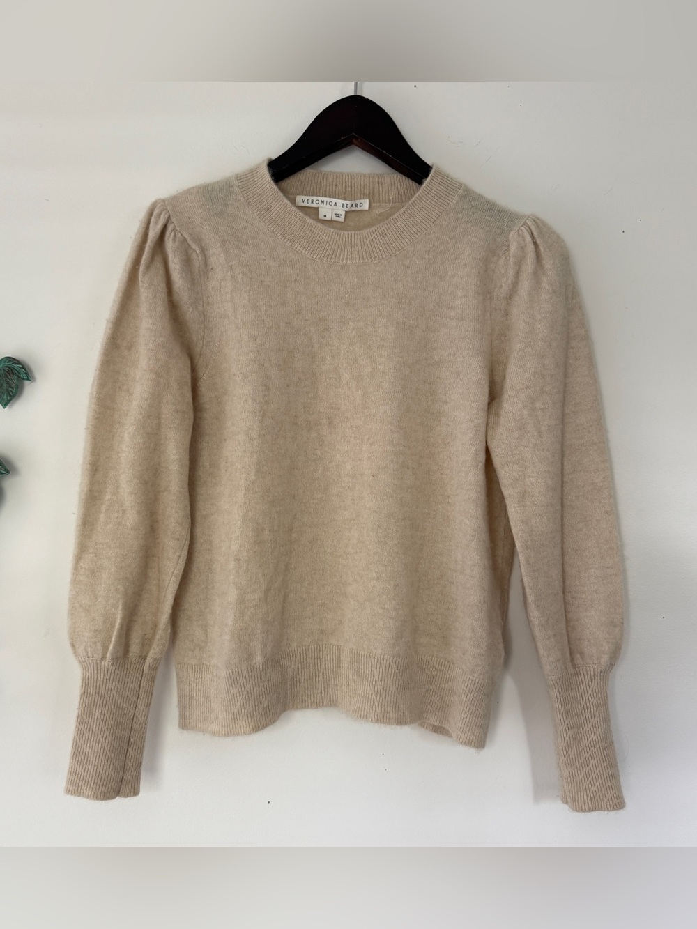 Veronica Beard Nelia 100% Cashmere Oatmeal Puff Sleeve Sweater Size M